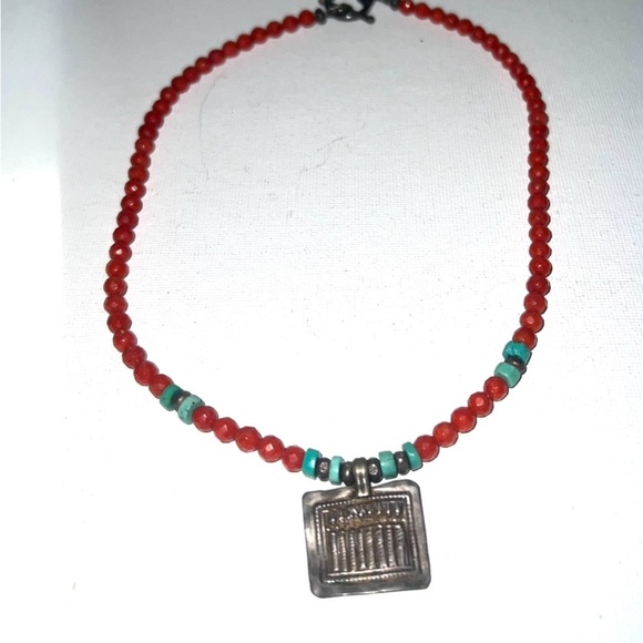 Vintage Red Beaded Necklace with Silver Pendant - Picture 1 of 4